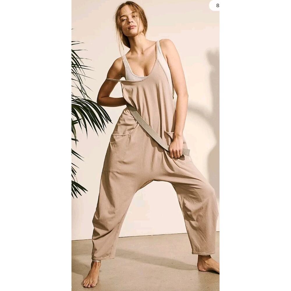 Free People FP Movement Hot Shot Jumpsuit Womens Sz Large Mocha Latte Loungewear